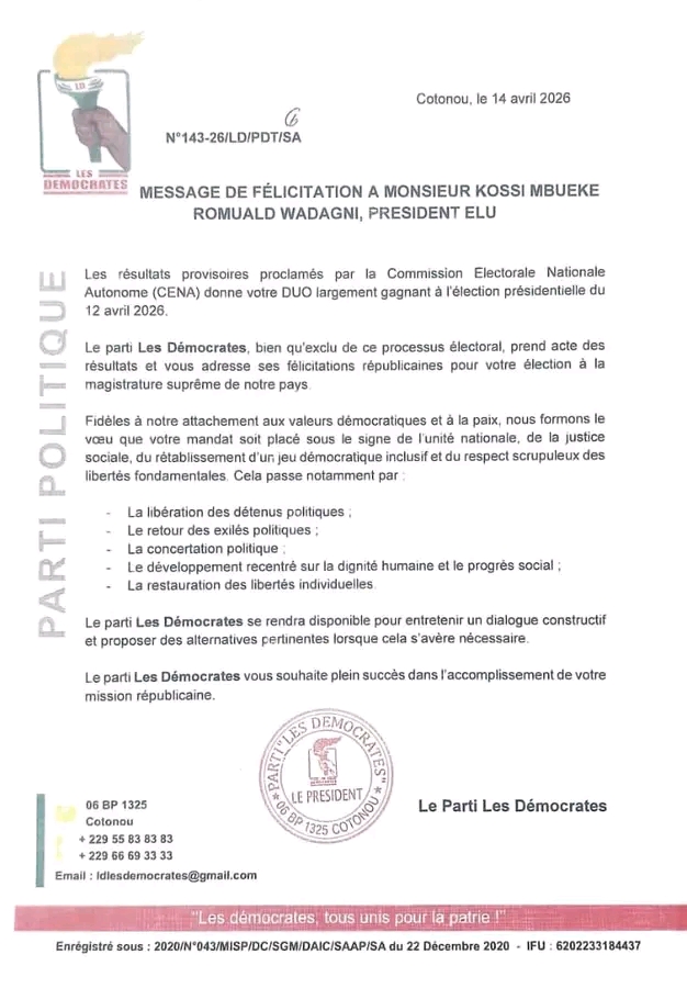 Présidentielle 2026 : Les Démocrates félicite Romuald Wadagni et ...